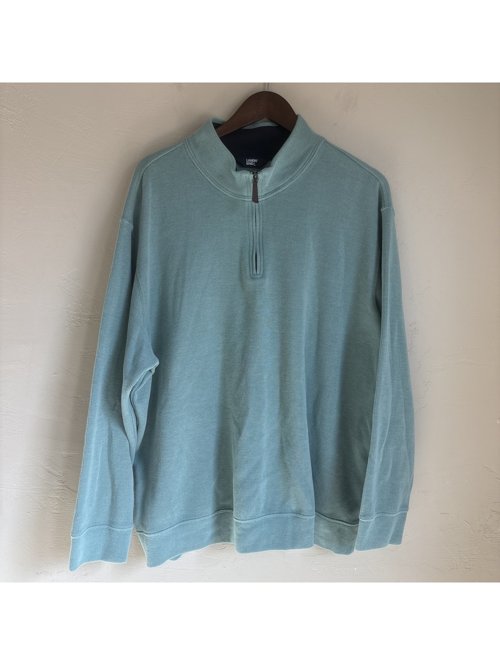 Lands End Mens 2XL Quarter Zip Sweatshirt Light Teal Blue Ribbed Pullover EUC